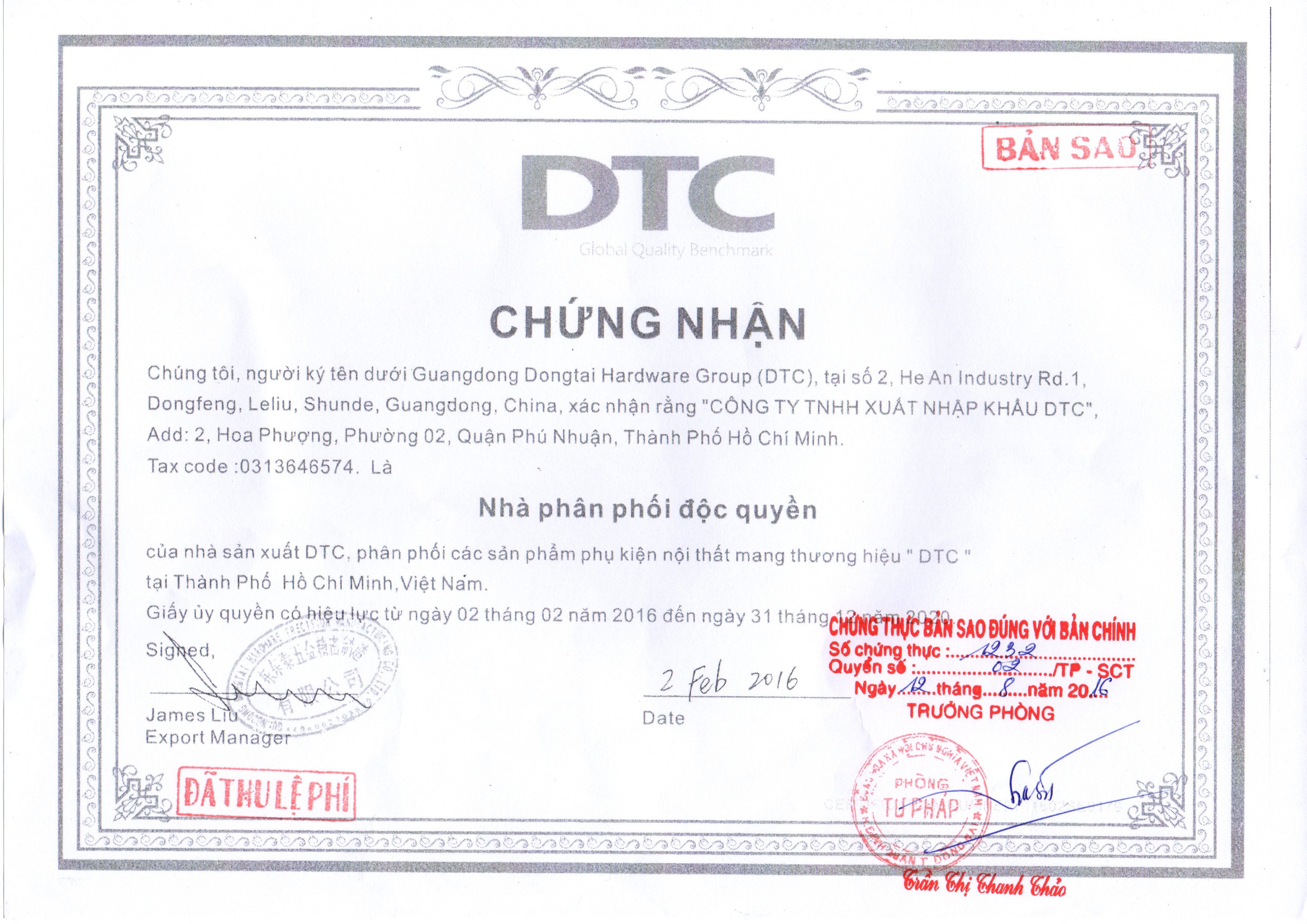Giấy chứng nhận thương hiệu DTC - Nhà phân phối độc quyền tại VIệt Nam