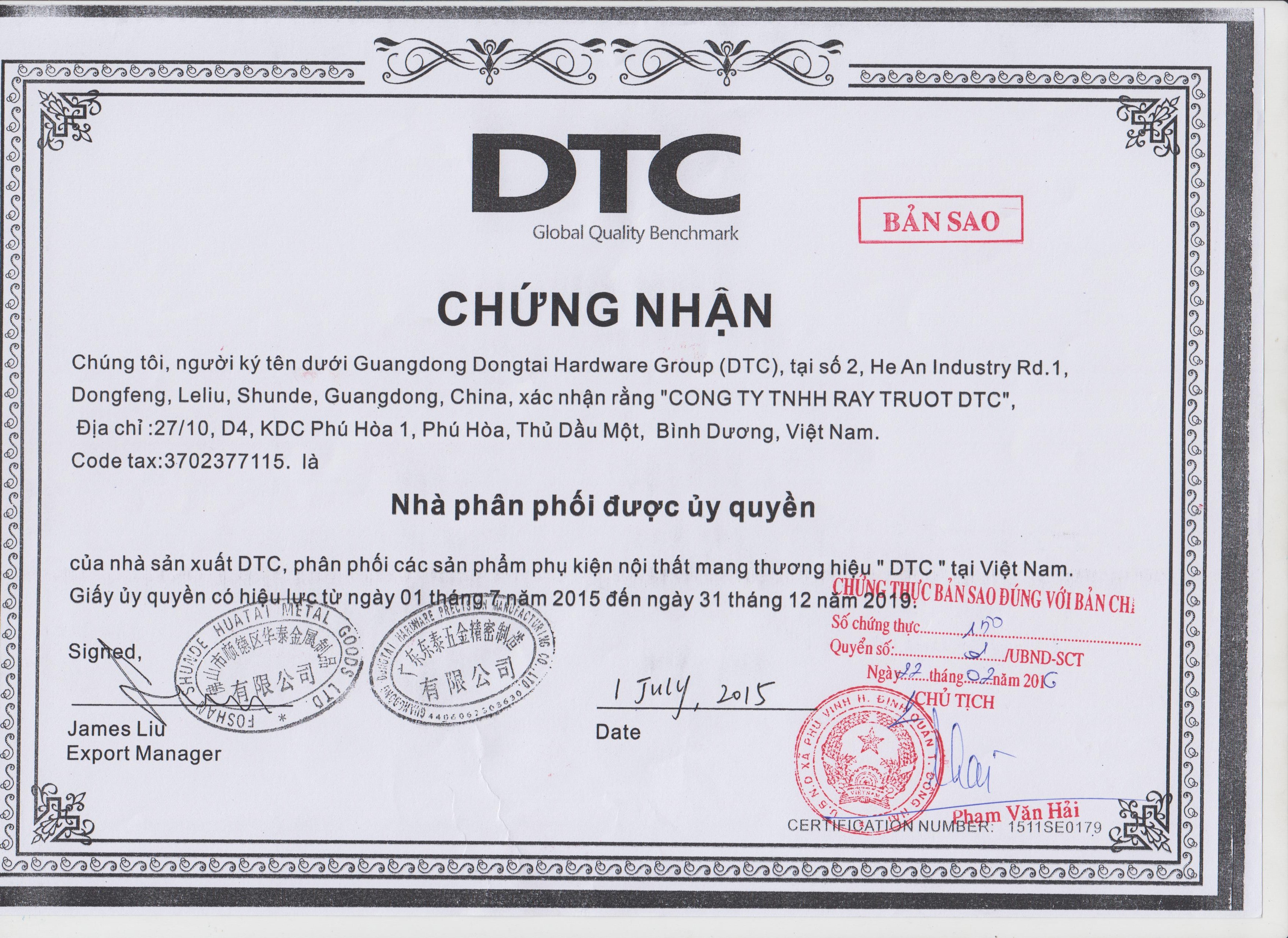 Giấy chứng nhận Nhà Phân Phối Độc Quyền Thương Hiệu DTC tại Việt Nam